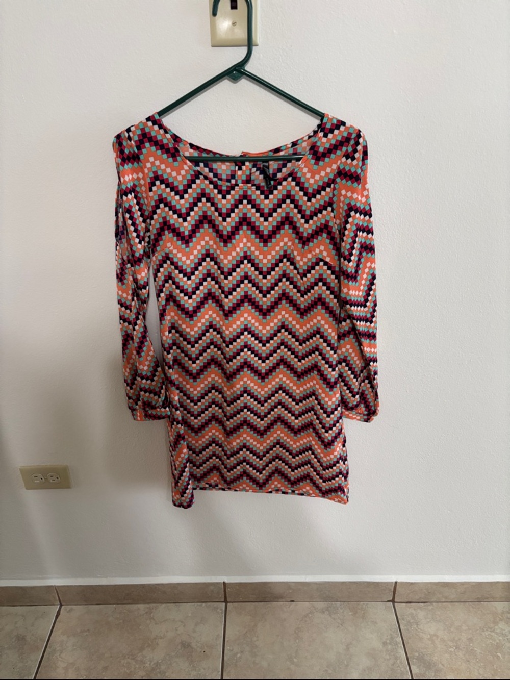 Mono B Chevron Long Sleeve Shift Dress in Coral, Navy and Cream